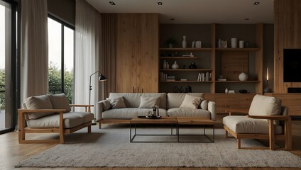 Living room with neutral tones, natural wood furnishings, large windows, and built-in shelving for a calming, minimalist space