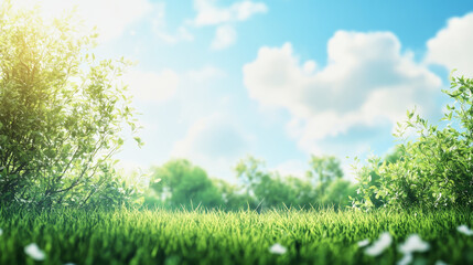 Obraz premium Spring nature backdrop with lush green grass and soft cloud formations under a bright sky