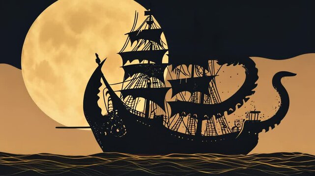 Nautical Illustration of a Sailboat with an Octopus and Tentacles in the Ocean