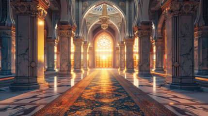 Obraz premium A grand hall bathed in sunlight, showcasing intricate architecture and elegant design.