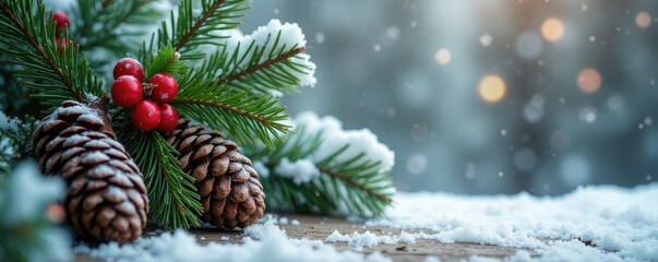 Snowy fir branches with frosted pinecones and holly, Greenery, Soft focus, Woodgrain texture