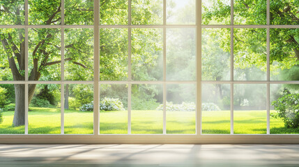 View of a lush green park entrance through a large window in a serene spring setting