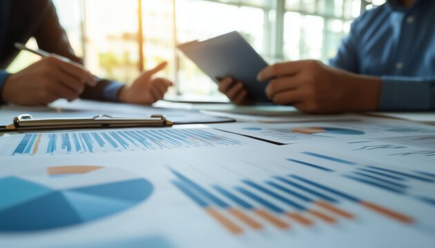 Two Business Professionals Engaged In A Work Meeting In A Contemporary Office, Discussing Statistical Data And Providing Explanations To Each Other