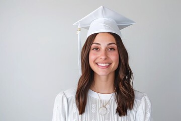 Serene graduate in elegant white gown, neutral backdrop, close-up portrait, poised expression, academic milestone, copy space for text, calm celebration, future confidence