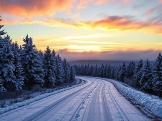 Snowy road winding through trees under a colorful sunrise, nature, tree line