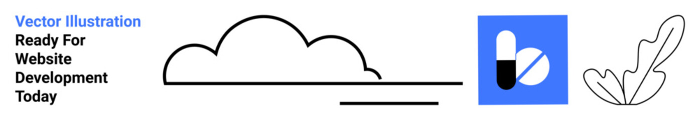 Black cloud outline, minimal capsule art on blue, and abstract leaf illustration. Ideal for technology, health, nature, education, branding creativity innovation. Flat landing page banner
