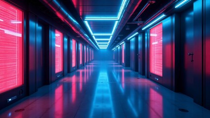 Fototapeta premium A futuristic neon hallway with glowing cyberpunk textures, pulsating holographic lights reflecting off the metal walls. The space has a high-tech, sci-fi feel with deep blue and purple tones.