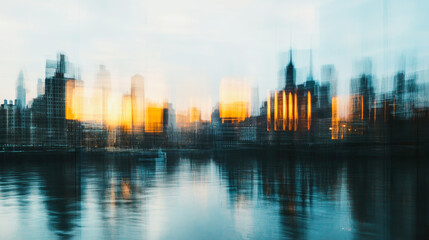 Obraz premium Blurry city skyline reflection on glass office wall at dusk with abstract geometric shapes