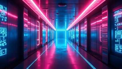 Fototapeta premium A futuristic neon hallway with glowing cyberpunk textures, pulsating holographic lights reflecting off the metal walls. The space has a high-tech, sci-fi feel with deep blue and purple tones.