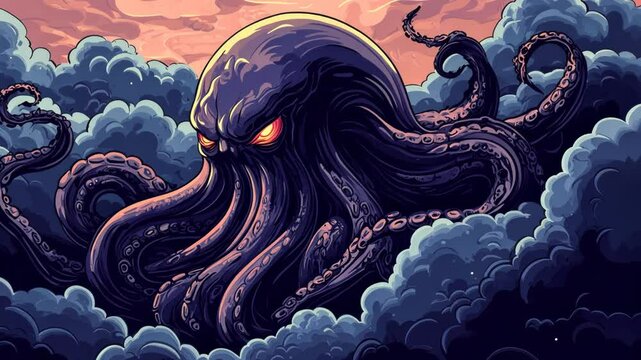 Vintage Ocean Monster Illustration with Octopus and Squid Tentacles Floral Pattern