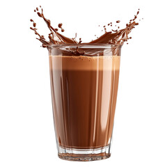 A glass of rich chocolate milk with a dramatic splash effect, showcasing its creamy texture and indulgent appeal on a transparent background. Perfect for food and beverage themes.
