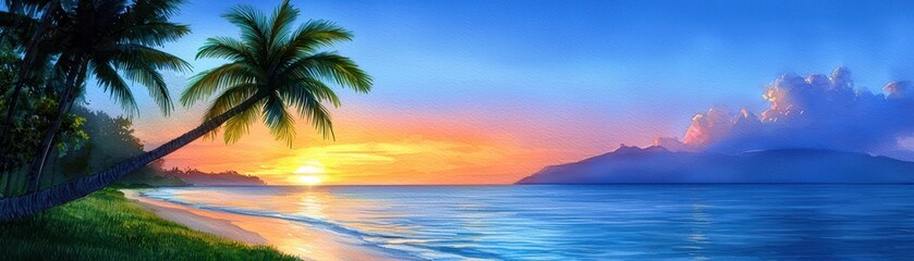 Sunset beach scene tropical shoreline digital artwork serene environment wide view tranquility and nature