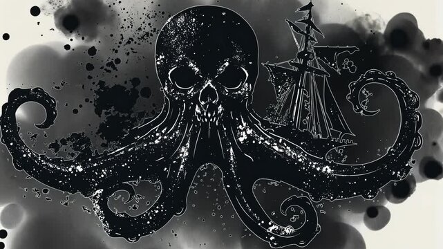 Octopus Skull Tattoo Illustration with Tentacles and Floral Patterns in a Grunge Design