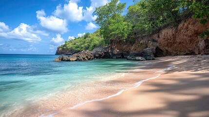 Obraz premium A picturesque tropical beach with turquoise waters, golden sand, and lush green cliffs under a bright blue sky with fluffy white clouds.