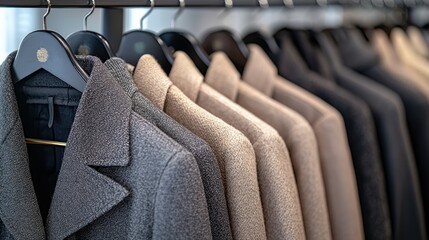 Obraz premium Stylish coats on hangers in a clothing store
