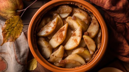 Fototapeta premium Autumnal Apple Pie in Earthenware Bowl - A Warm and Delicious Fall Dessert