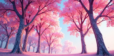 Soft pink hues on tree trunks against clear sky, tree bark, tree trunks, trees