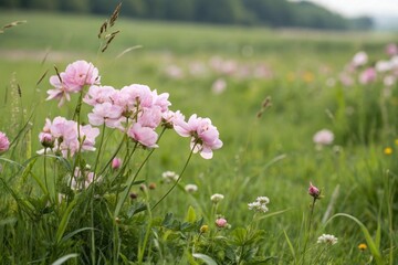 Soft pink pastel flowers blooming in a lush green meadow, idyllic scenery, pastel bloom, gentle atmosphere, serene nature