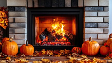 Obraz premium modern orange decor with pumpkins around fireplace fall inspired fireplace burning