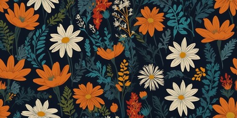 Colorful floral pattern with various flowers and leaves on a dark background showcasing nature's beauty