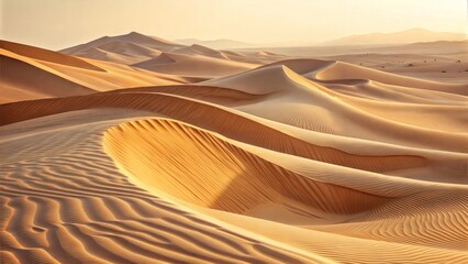 Golden sand dunes with wavy patterns in a vast desert landscape
