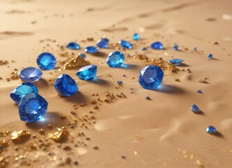 Sparkling gemstones scattered across a bed of golden sand with shimmering blue undertones , glittering gemstone, radiant sparkle , bokeh gemstones