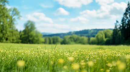 Fototapeta premium Vibrant spring meadow filled with lush grass and gentle clouds under a bright sky