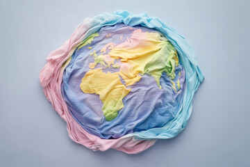 Pastel-colored Earth made of soft fabric on a light background symbolizing harmony, peace, and environmental care