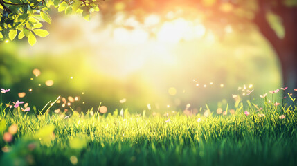 Warm sunlight filters through trees onto vibrant grass in a tranquil spring environment