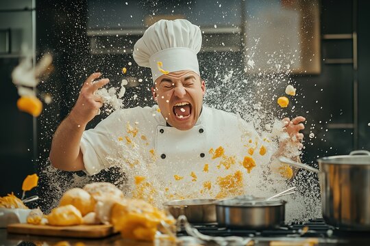 Stressed male chef in chaos with food exploding in kitchen