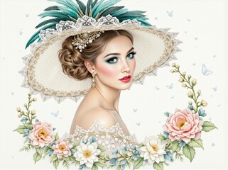 Elegant woman in a wide-brimmed hat surrounded by floral decorations and butterflies, exuding beauty and sophistication