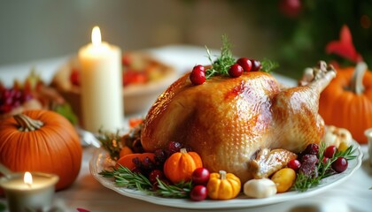 Traditional Thanksgiving Dinner: Roasted Turkey With Cranberry Garnish On A Rustic Table Adorned With Pumpkins, Vegetables, Pie, Flowers, And Candles. Festive Table Setting.