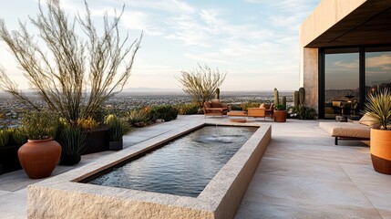 Fototapeta premium A peaceful rooftop retreat with a linear rectangular stone water feature