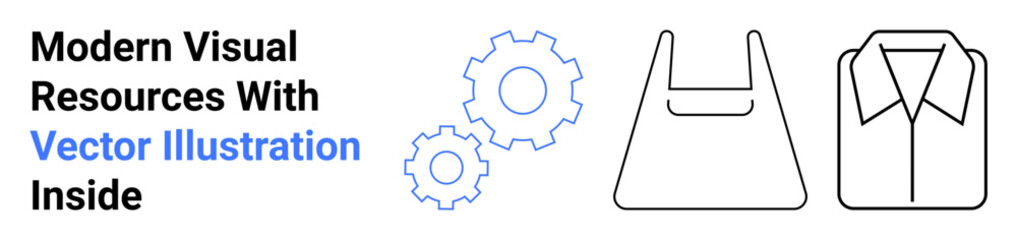 Gear, shopping bag, and shirt in clean line art style. Ideal for retail, e-commerce, fashion, productivity, technology sustainability marketing. Perfect for flat landing page banner