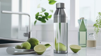 Modern Stainless Steel Water Bottle with Clear Glass Design for a Stylish Kitchen