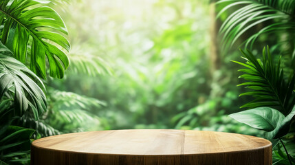 Warm wooden pedestal in tropical forest with vibrant green foliage and soft natural light