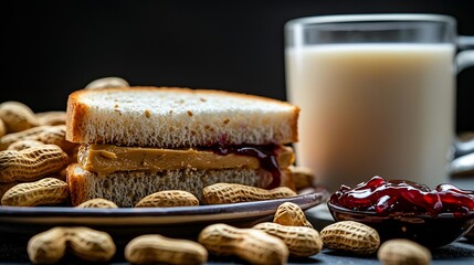 Peanut Butter and Jelly Sandwich with Milk for Breakfast