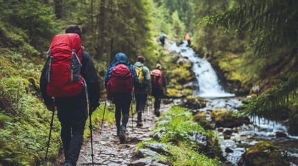 Hiking adventure forest trail group activity nature side view outdoor exploration