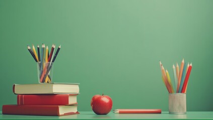 Colorful pencils and books on a green desk with a red apple create a vibrant study atmosphere perfect for learning
