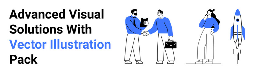 Two professionals handshake with documents, a thoughtful individual, and a rocket launching. Ideal for teamwork, business, partnerships, planning, innovation startups digital platforms. Perfect