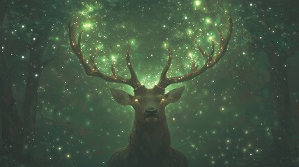 Fototapeta premium Majestic stag surrounded by sparkling lights enchanted forest digital art mystical environment close-up view nature's wonders