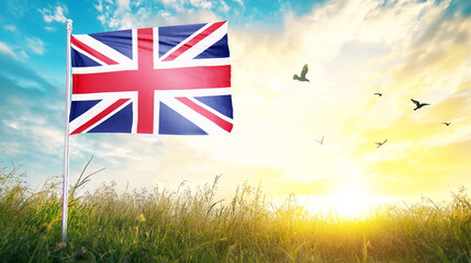 Obraz premium United Kingdom flag textile cloth fabric waving on the top sunrise mist fog