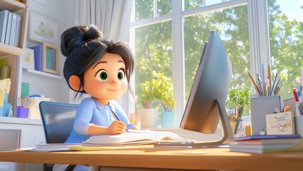 Adorable Animated Girl Sitting at a Desk, Studying With Books and a Computer in a Bright, Sunlit Room Full of School Supplies