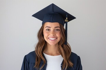 Female graduate in navy cap and gown, smiling confidently, white background, minimalistic studio portrait, celebration of academic success, professional student milestone photography.

