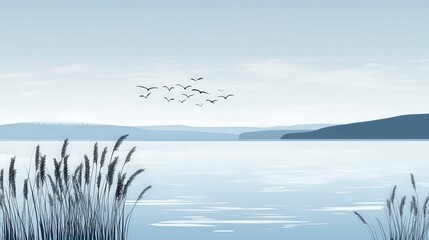Serene Lake Scenery: A Peaceful Lakeside View with Birds and Reeds