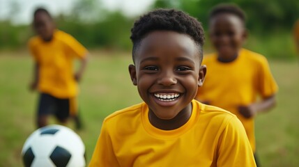 Happy african child playing soccer outdoors with friends