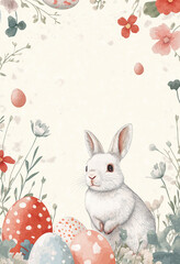 A card with a kraft paper texture, decorated with  Easter bunnies, eggs, and wildflower