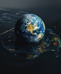 Fototapeta premium Earth globe afloat on turbulent waters with black oil petroleum, symbolizing environmental fragility, eco concept background