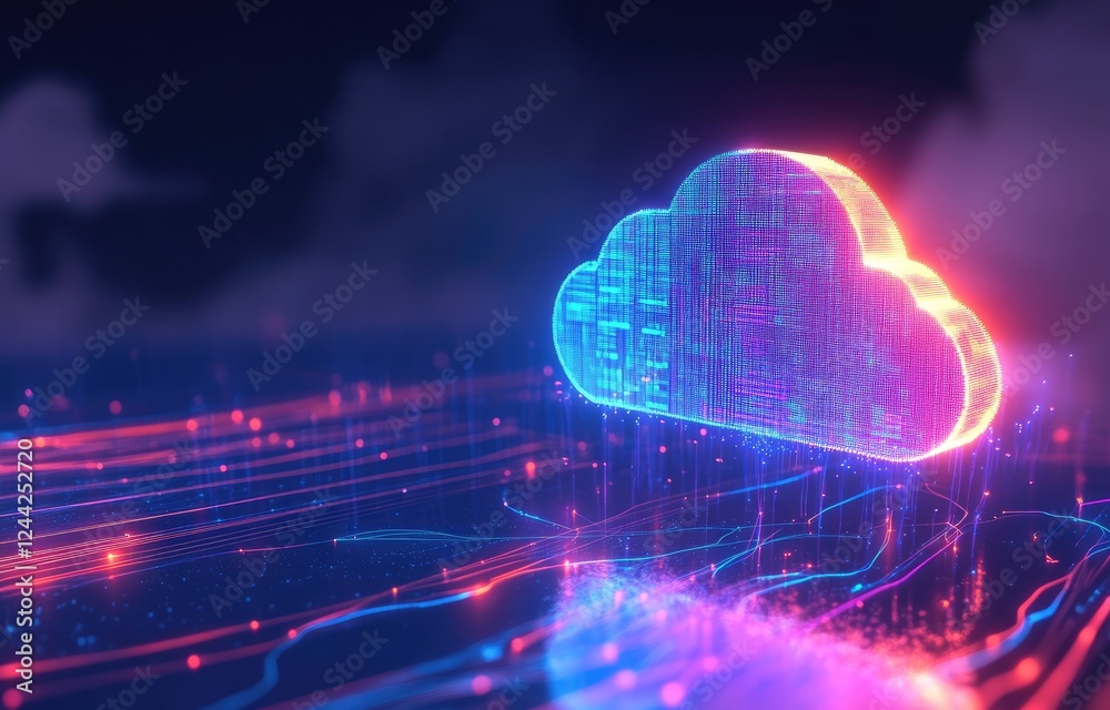 Poster Digital cloud glowing in a futuristic environment with dynamic data streams, symbolizing cloud computing, innovation, and advanced technology