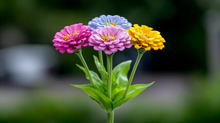Colorful Zinnia flowers bouquet, garden backdrop, spring
